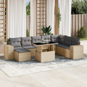 Set de sofás de jardín 9 pzas con cojines ratán sintético beige D