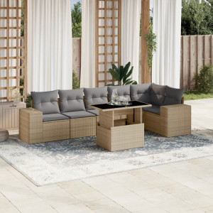 Set sofás de jardín 7 piezas y cojines ratán sintético beige D