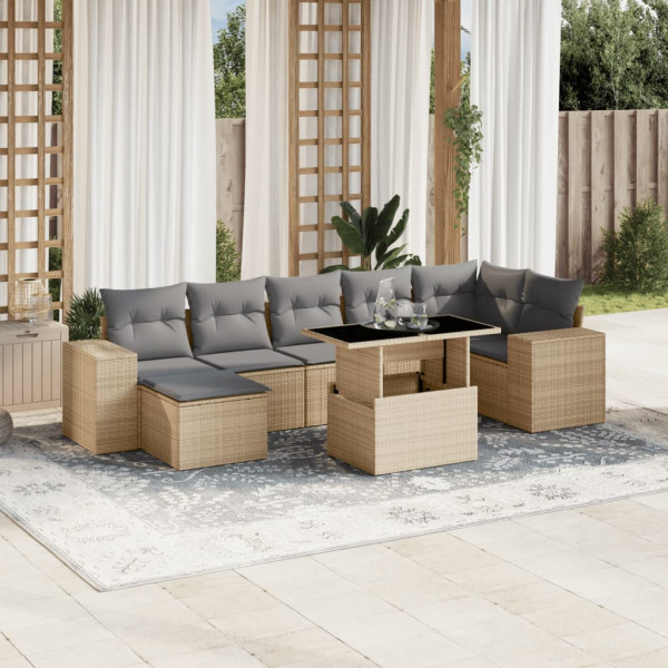 Conjunto de sofá e almofada de jardim 8 peças rattan sintético bege D