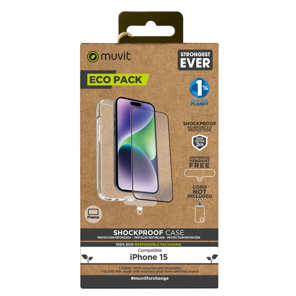 Funda muvit shockproof 2m para apple iphone 15 transparente + protector pantalla cristal templado marco negro D