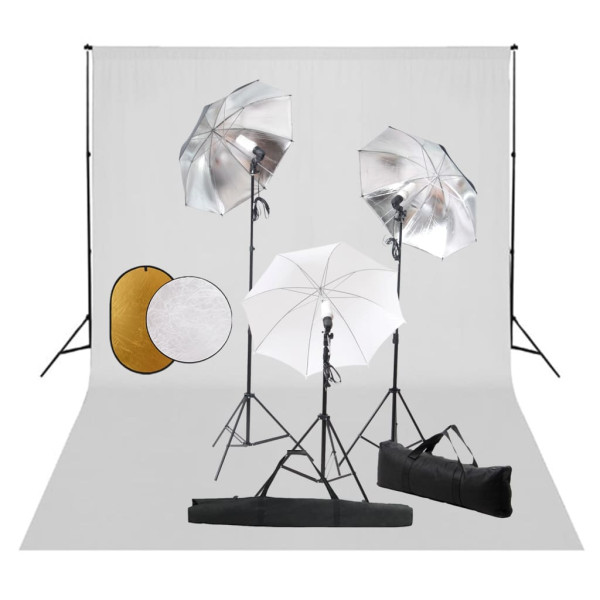 Lâmpadas de kit de estudo de fotos. parasols. fundo e reflector D