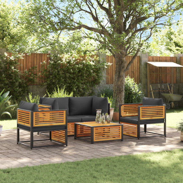 Set de sofás de jardín con cojines 5 pzas madera maciza acacia D