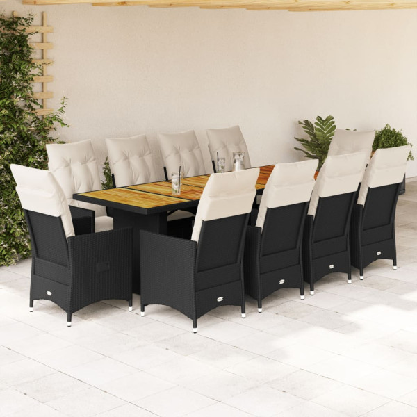 Conjunto de mesa, cadeiras e almofadas de jardim com 11 peças de vime PE preto D