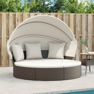 Cama de jardim Tumbona com capota e almofadas rattan PE marrom D