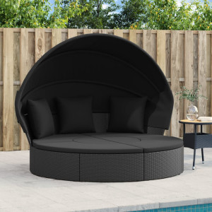 Cama de jardim Tumbona com capota e almofadas rattan PE preto D