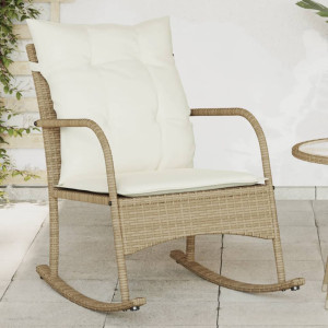 Silla mecedora de jardín con cojines ratán sintético beige D