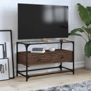 Mueble TV cristal y madera ingeniería marrón roble 80x35x51 cm D