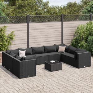 Set de muebles de jardín 10 pzas cojines ratán sintético negro D