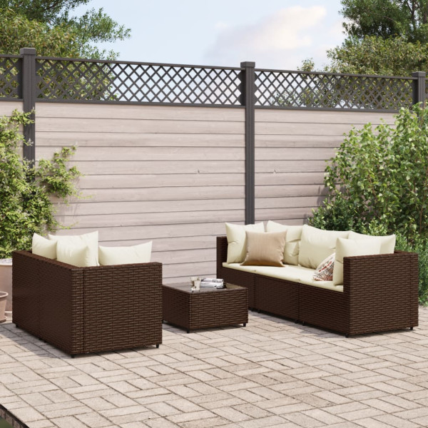 Set muebles de jardín 6 piezas y cojines ratán sintético marrón D