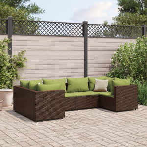 Set muebles de jardín 6 piezas y cojines ratán sintético marrón D