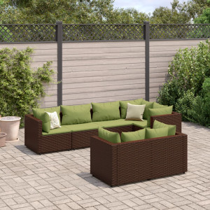 Set muebles de jardín 7 piezas y cojines ratán sintético marrón D