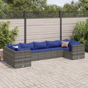 Set de muebles de jardín 7 pzas y cojines ratán sintético gris D