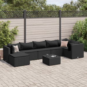 Set de muebles de jardín 8 pzas y cojines ratán sintético negro D