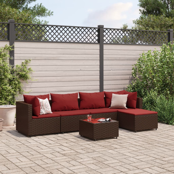 Conjunto de móveis de jardim 6 peças e almofadas de rattan marrom D