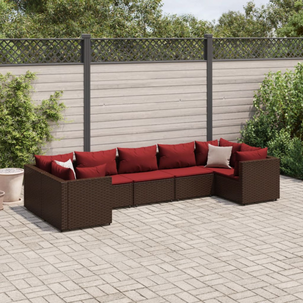 Conjunto de móveis de jardim 7 peças e almofadas de rattan sintético marrom D