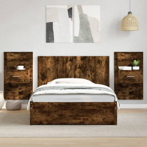 Cabecero cama con mesitas madera ingeniería roble ahumado 120cm D