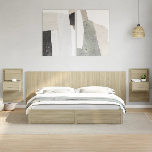 Cabecero cama con mesitas madera ingeniería roble Sonoma 240 cm D