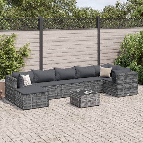 Set de muebles de jardín 8 pzas y cojines ratán sintético gris D