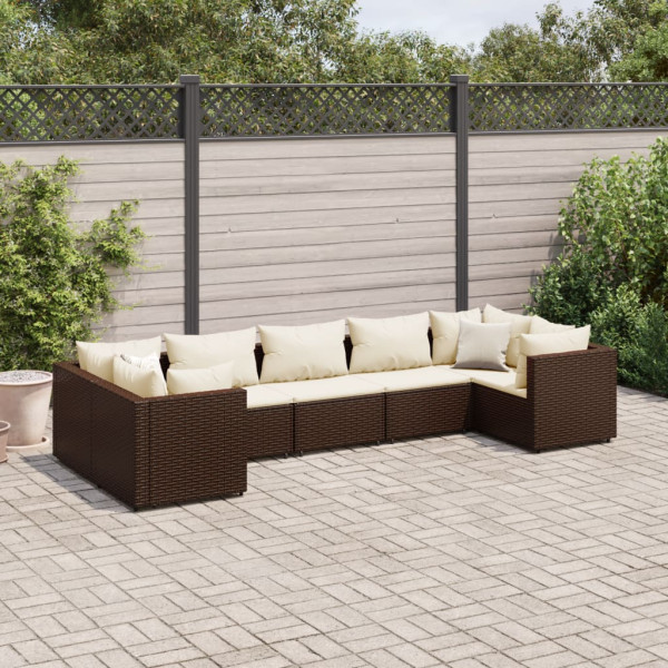 Conjunto de móveis de jardim 7 peças e almofadas de rattan sintético marrom D