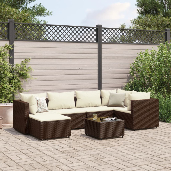 Conjunto de móveis de jardim 7 peças e almofadas de rattan sintético marrom D