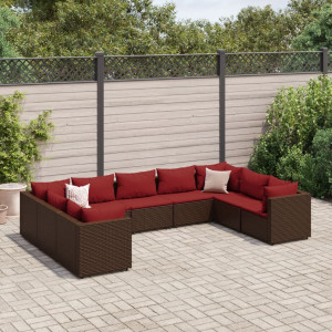 Set muebles de jardín 9 piezas y cojines ratán sintético marrón D