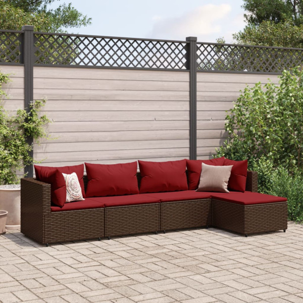 Conjunto de móveis de jardim 5 peças e almofadas de rattan marrom D