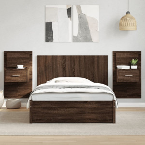 Cabecero cama con mesitas madera ingeniería marrón roble 120 cm D