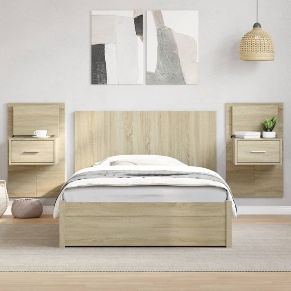 Cabecero cama con mesitas madera ingeniería roble Sonoma 120 cm D