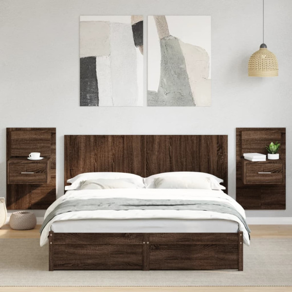 Cabecero cama con mesitas madera ingeniería marrón roble 160 cm D