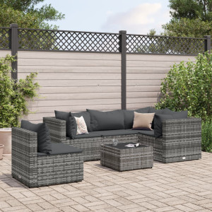 Set de muebles de jardín 6 pzas y cojines ratán sintético gris D