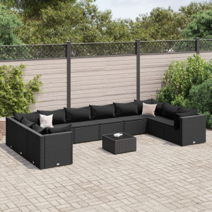 Set muebles de jardín 11 pzas y cojines ratán sintético negro D