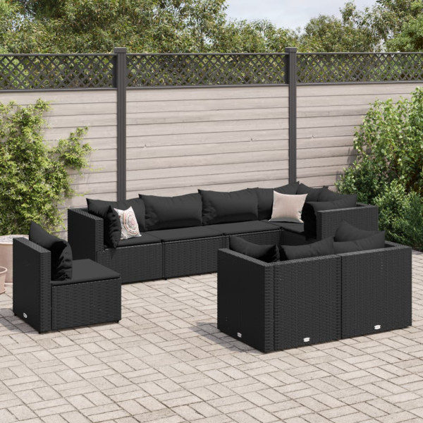 Set de muebles de jardín 8 pzas y cojines ratán sintético negro D