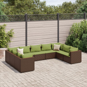 Set muebles de jardín 9 piezas y cojines ratán sintético marrón D