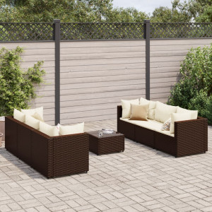 Set muebles de jardín 7 piezas y cojines ratán sintético marrón D