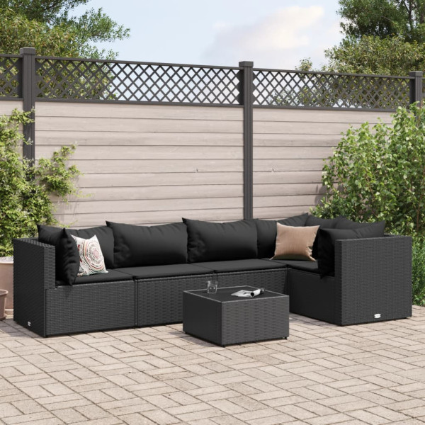 Set muebles de jardín 6 piezas y cojines ratán sintético negro D