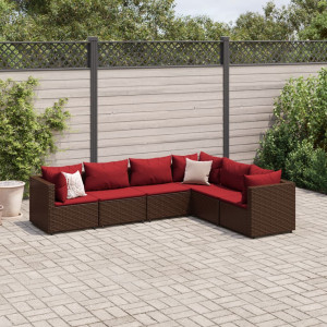 Set muebles de jardín 6 piezas y cojines ratán sintético marrón D