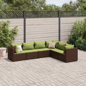 Set muebles de jardín 6 piezas y cojines ratán sintético marrón D