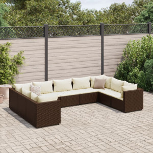 Set muebles de jardín 9 piezas y cojines ratán sintético marrón D