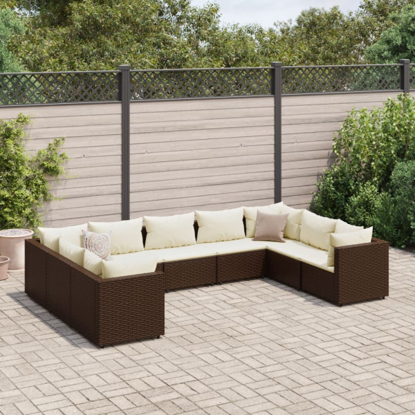 Set muebles de jardín 9 piezas y cojines ratán sintético marrón D