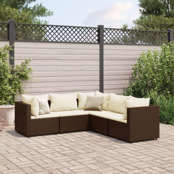 Set muebles de jardín 5 piezas y cojines ratán sintético marrón D