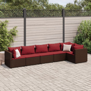 Set muebles de jardín 6 piezas y cojines ratán sintético marrón D