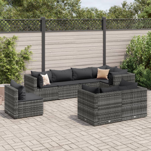 Set de muebles de jardín 8 pzas y cojines ratán sintético gris D