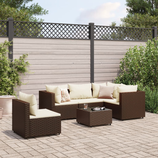 Conjunto de móveis de jardim 6 peças e almofadas de rattan marrom D