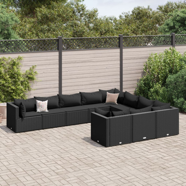 Conjunto de sofá e almofada de jardim com 10 peças de rattan sintético preto D