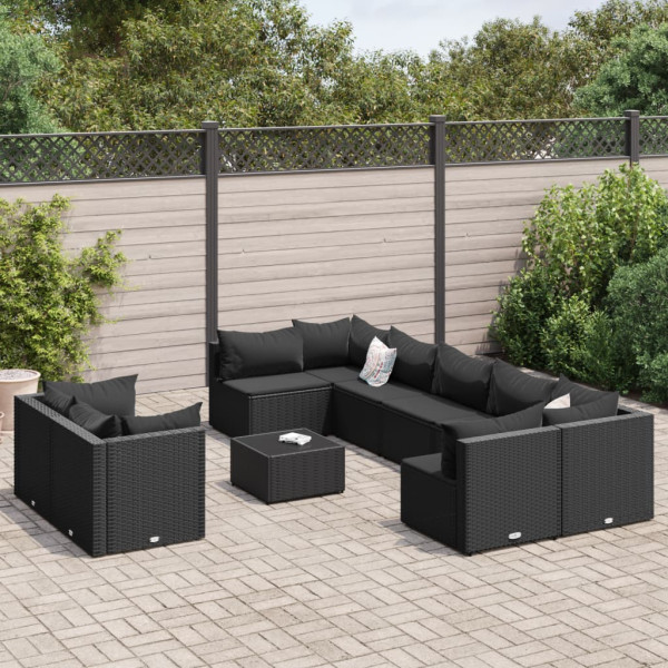 Conjunto de sofá e almofada de jardim com 10 peças de rattan sintético preto D