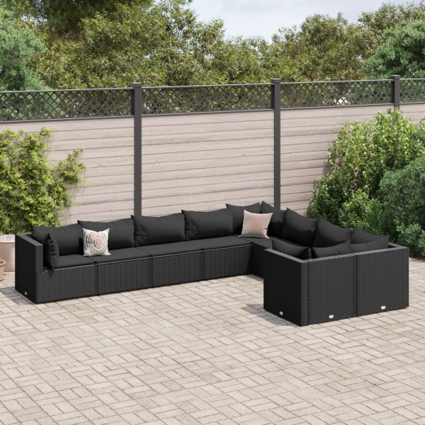 Sofá de jardim com almofadas 9 pcs preto sintético rattan D