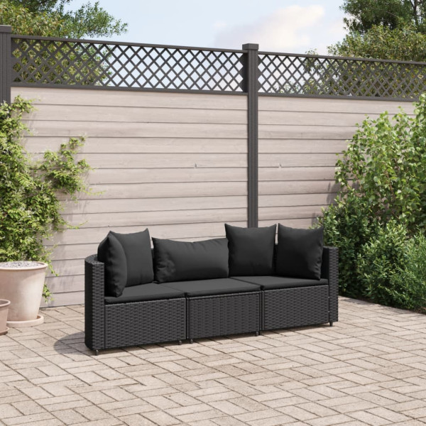 Sofá de jardim com almofadas 3 pcs preto sintético rattan D