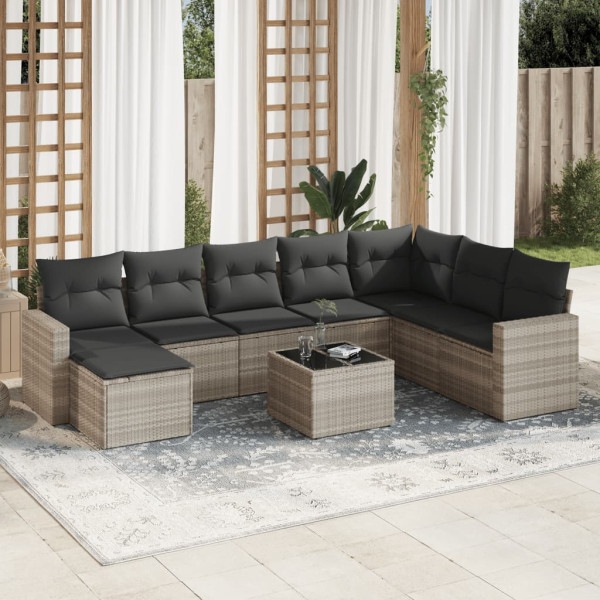 Set muebles jardín 9 pzas y cojines ratán sintético gris claro D