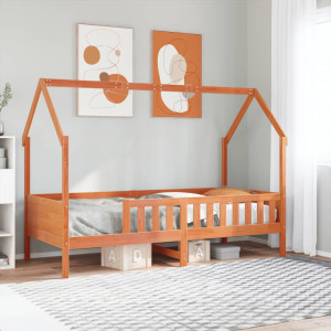 Cama con forma de casa de niños madera maciza marrón 90x190 cm D