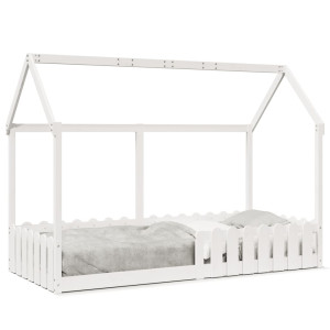 Cama em forma de casa infantil madeira maciça branca 90x200 cm D